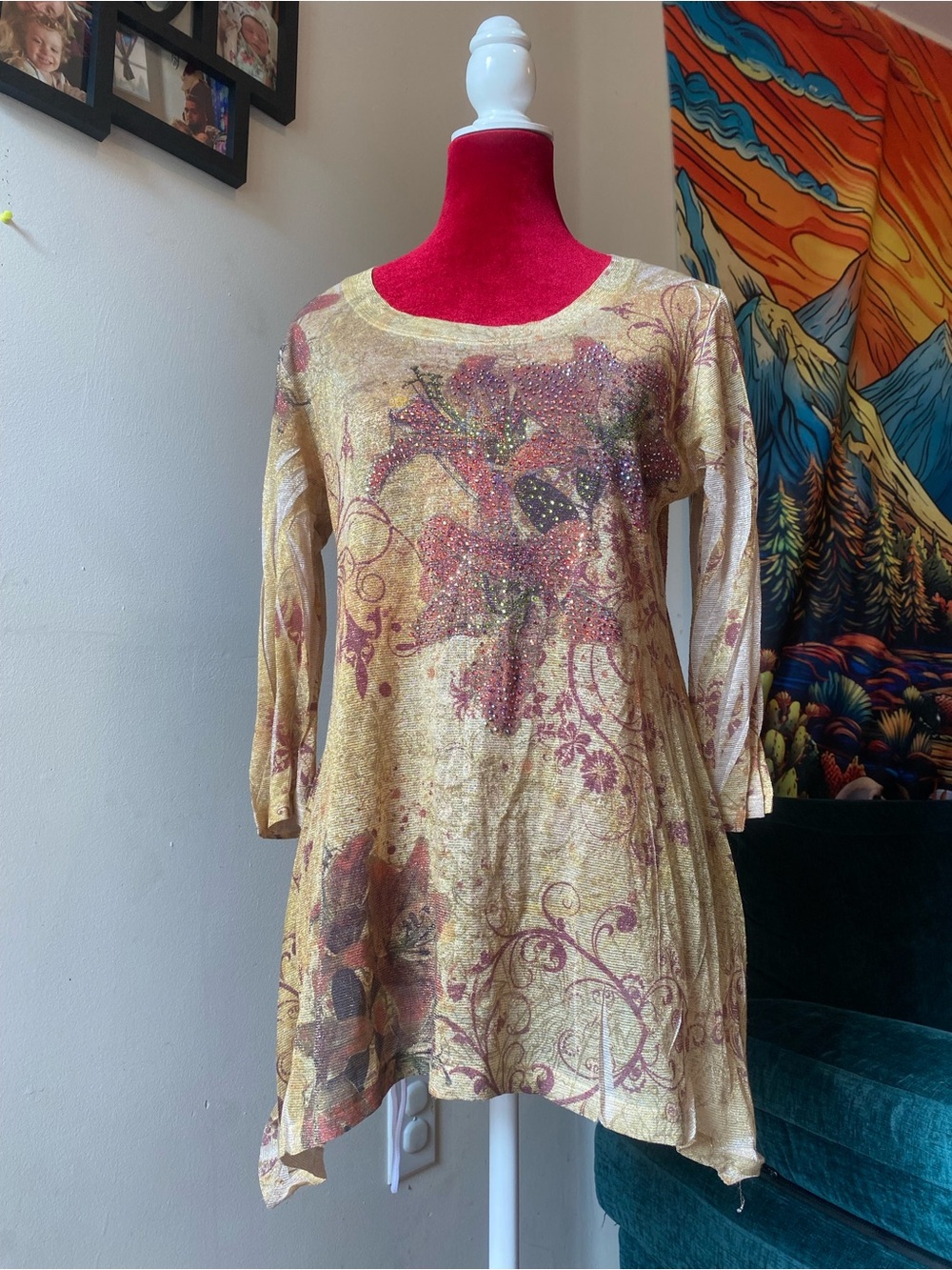 Y2K Shear Embellished Floral Tunic Top in Shimmery Gold